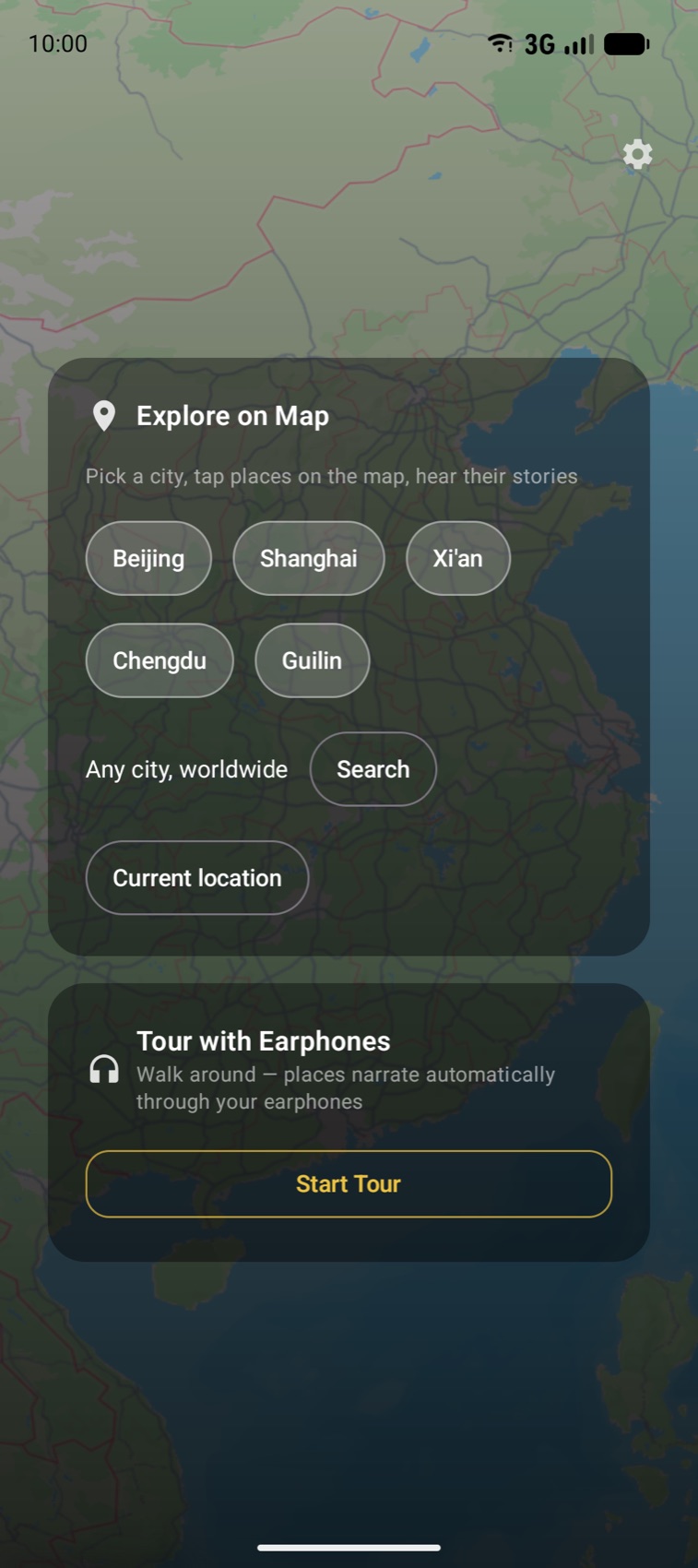 ChinaWalk home screen — Explore on Map with Beijing, Shanghai, Xi'an, Chengdu, and Guilin, plus Tour with Earphones