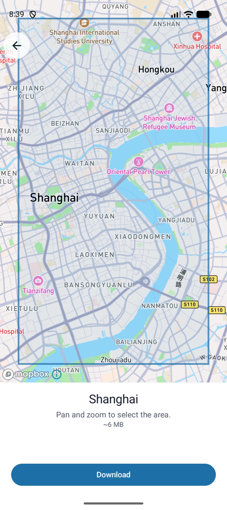 Offline map download for Shanghai — pan and zoom to select an area to download for use without signal