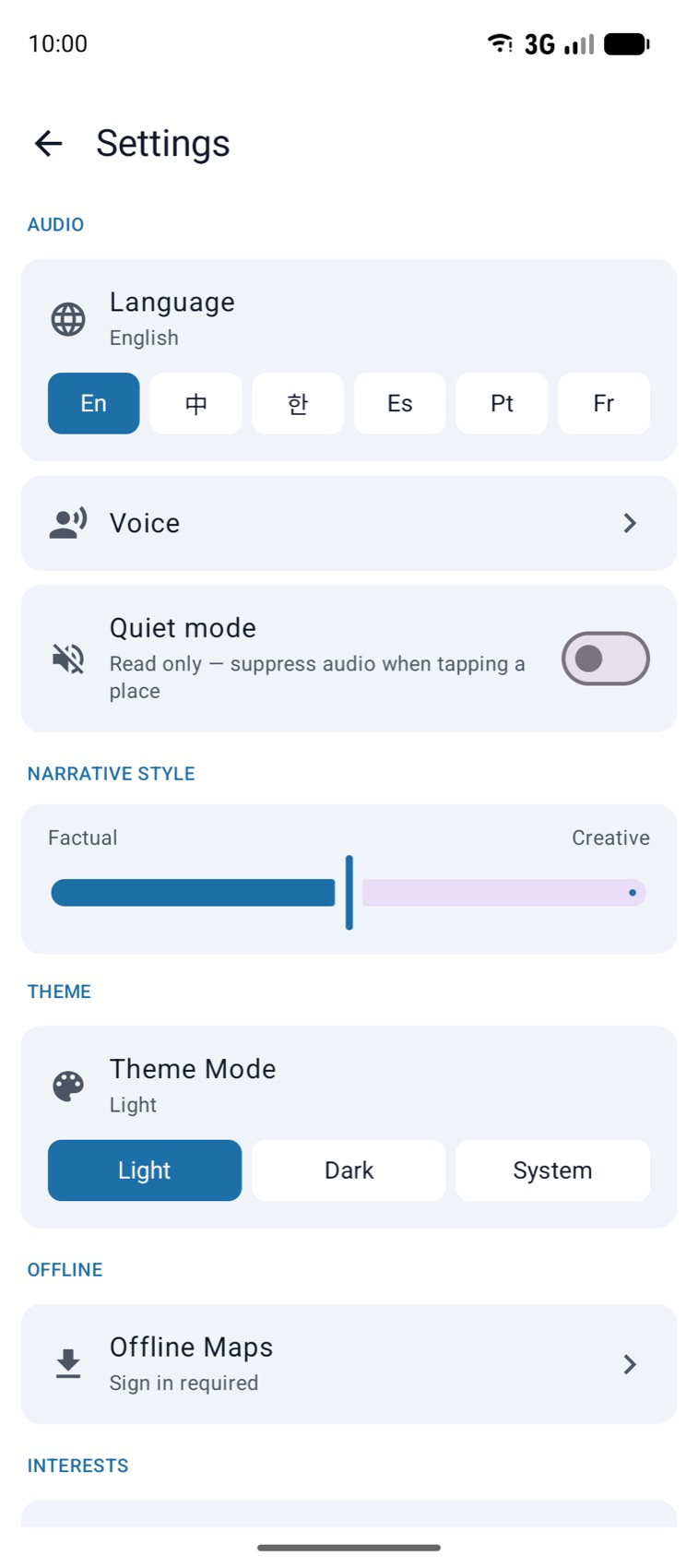 ChinaWalk settings — switch narration language between English, Chinese, Korean, Spanish, Portuguese, and French