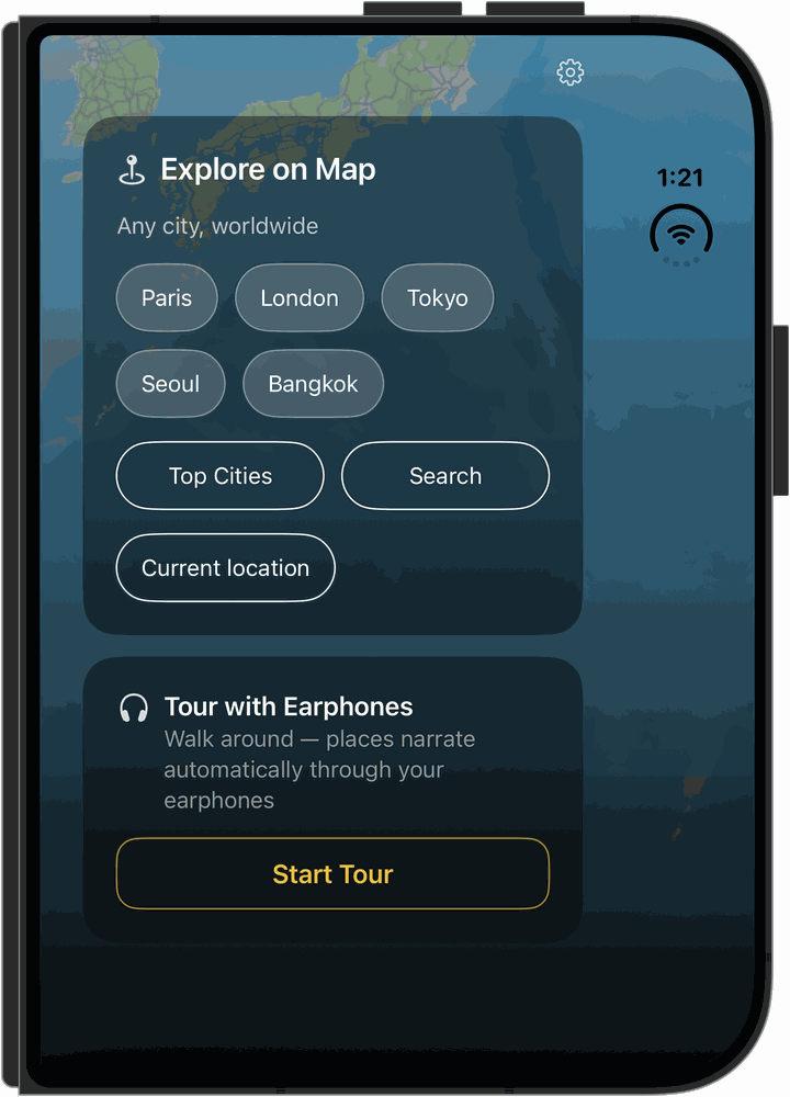 CityYoYo home screen — choose Explore on Map or Tour with Earphones