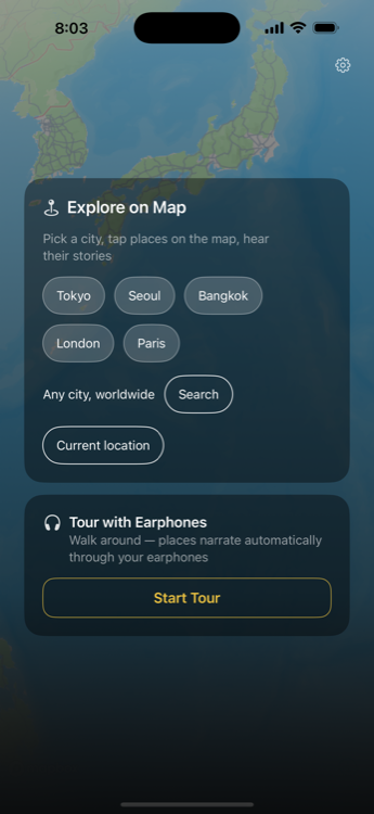 CityYoYo home screen — choose Explore on Map or Tour with Earphones