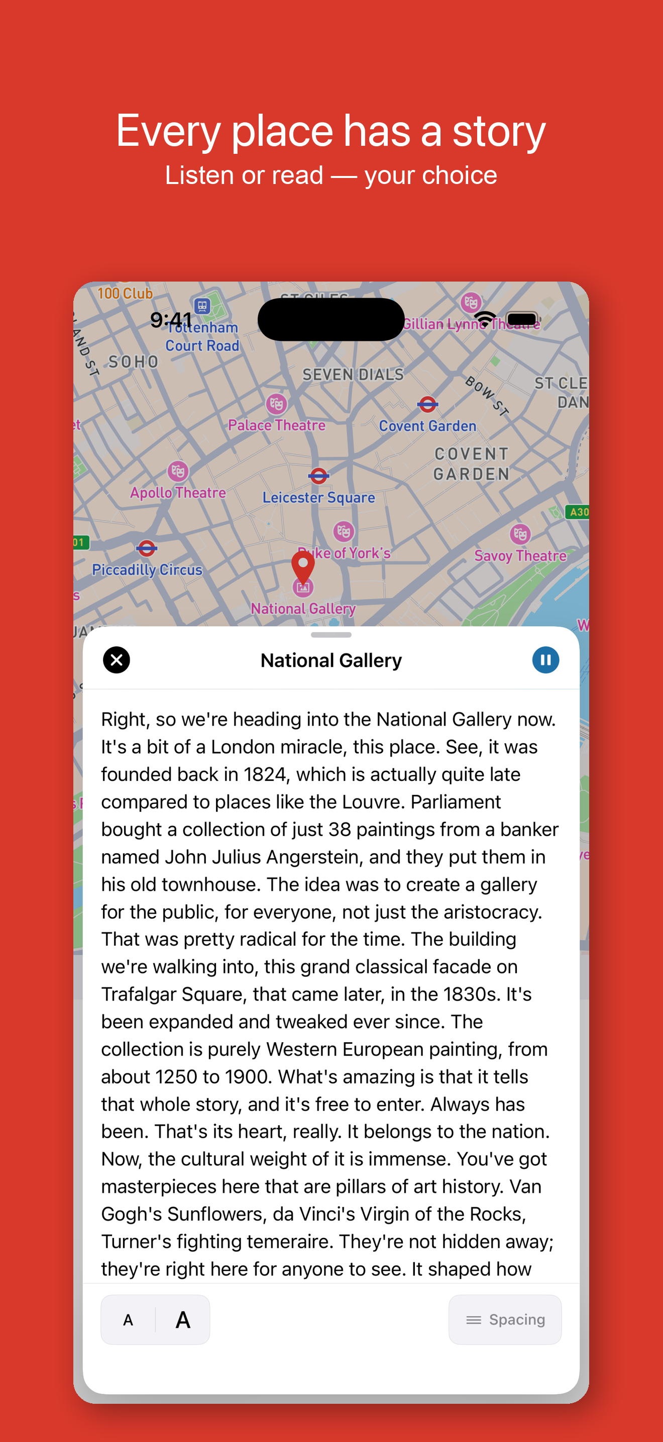 Reading mode — browse place descriptions as text