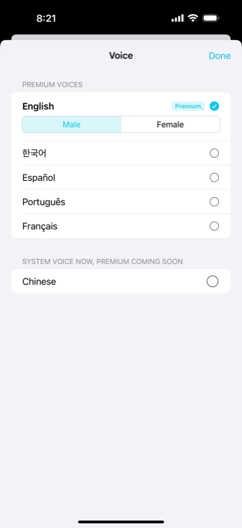 Voice and language options — 6 languages supported